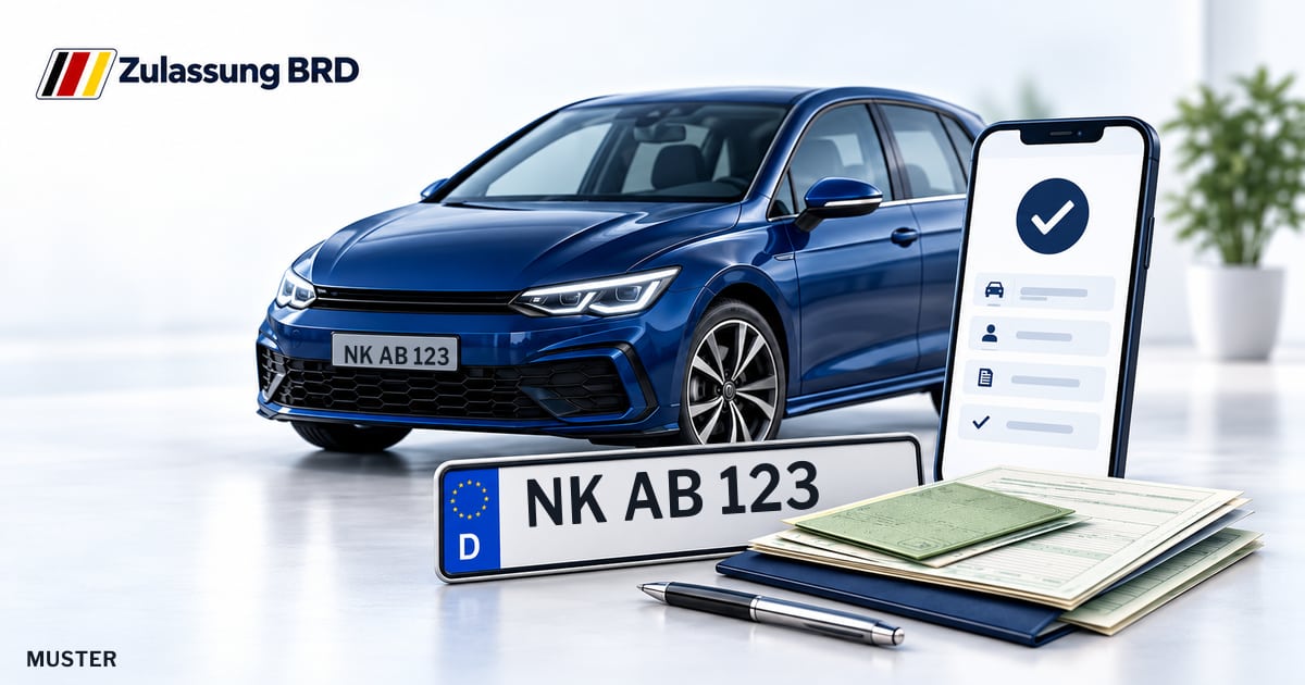 Online Fahrzeugzulassung in Neunkirchen: Musterkennzeichen NK AB 123, Auto und Fahrzeugpapiere und Smartphone. Illustration mit Logo von Zulassung BRD.